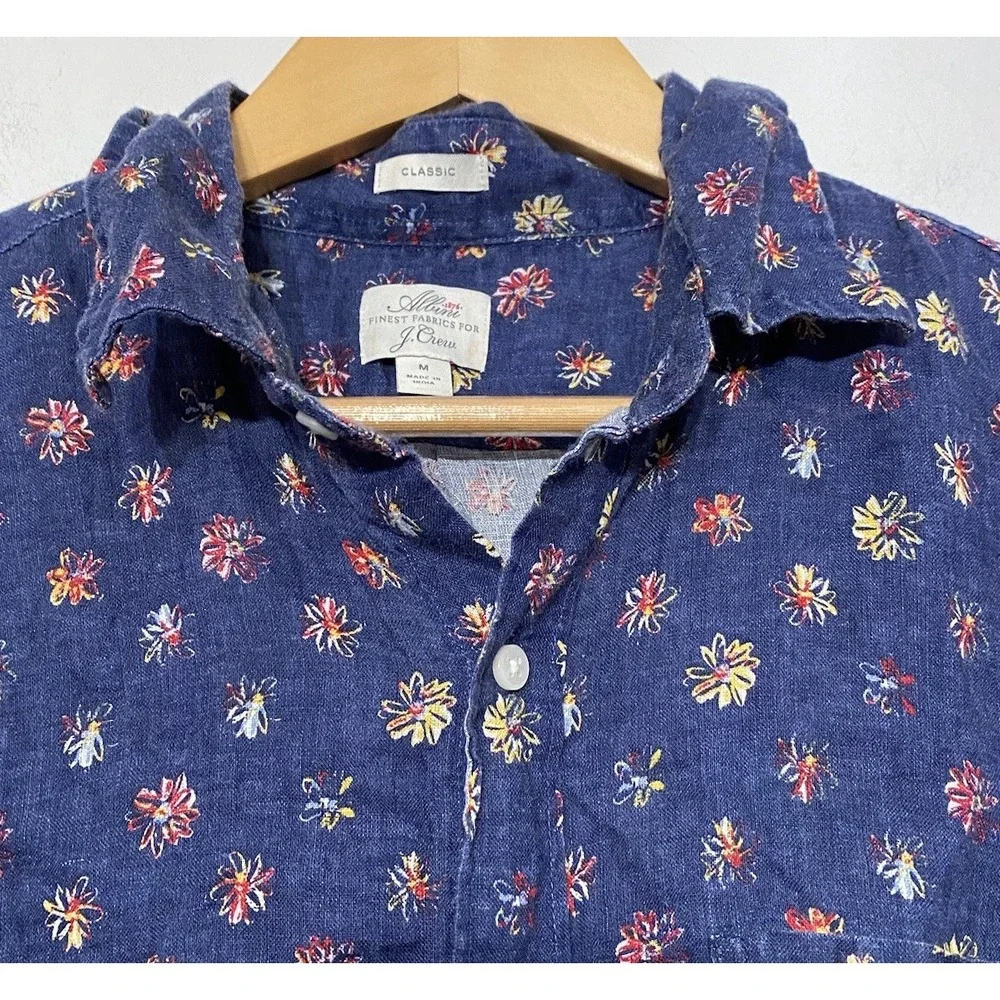 J. Crew Shirt Albini Linen‎ Indigo Floral Short Sleeve Button‑Up Medium AOP